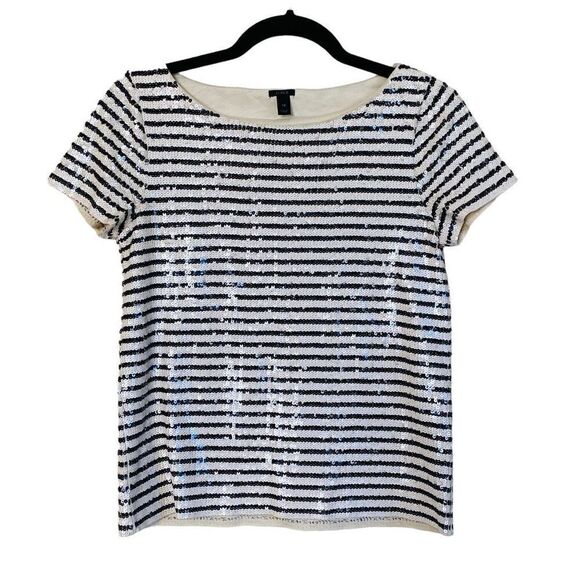 J.Crew Black Off White Stripe Sequin Pullover Top Size XS - Picture 3 of 10